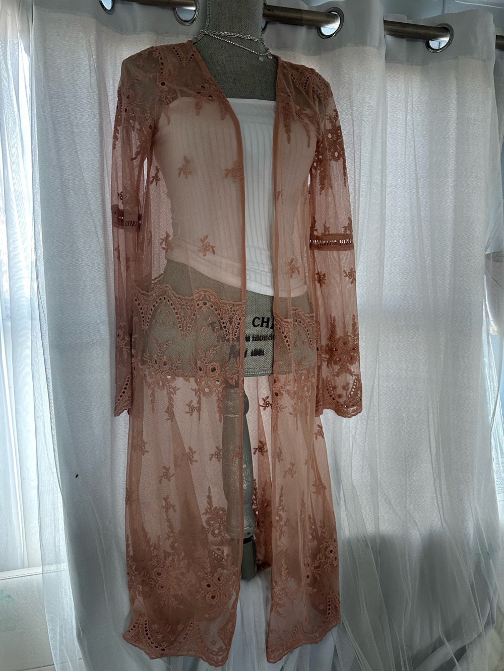 Haute Monde Sheer Embroidered Long Kimono Robe - Dusty Rose Blush